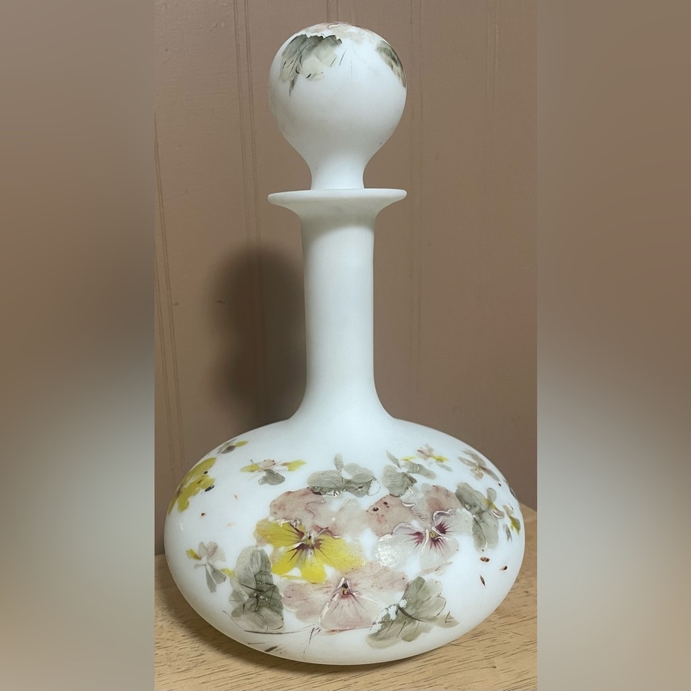 Antique Victorian White Hand Blown Long Neck Painted Bristol Glass Decanter